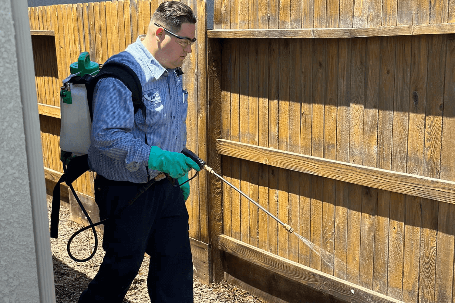 Pest control technician spraying fence
