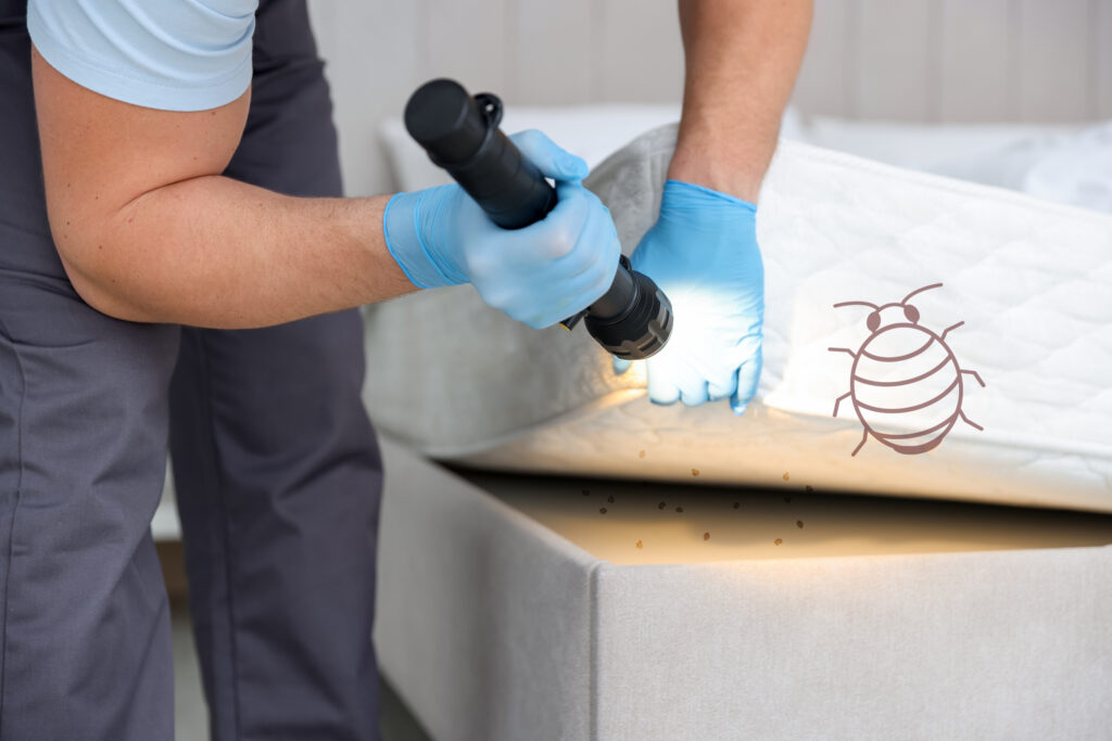 Pest control inspecting mattress